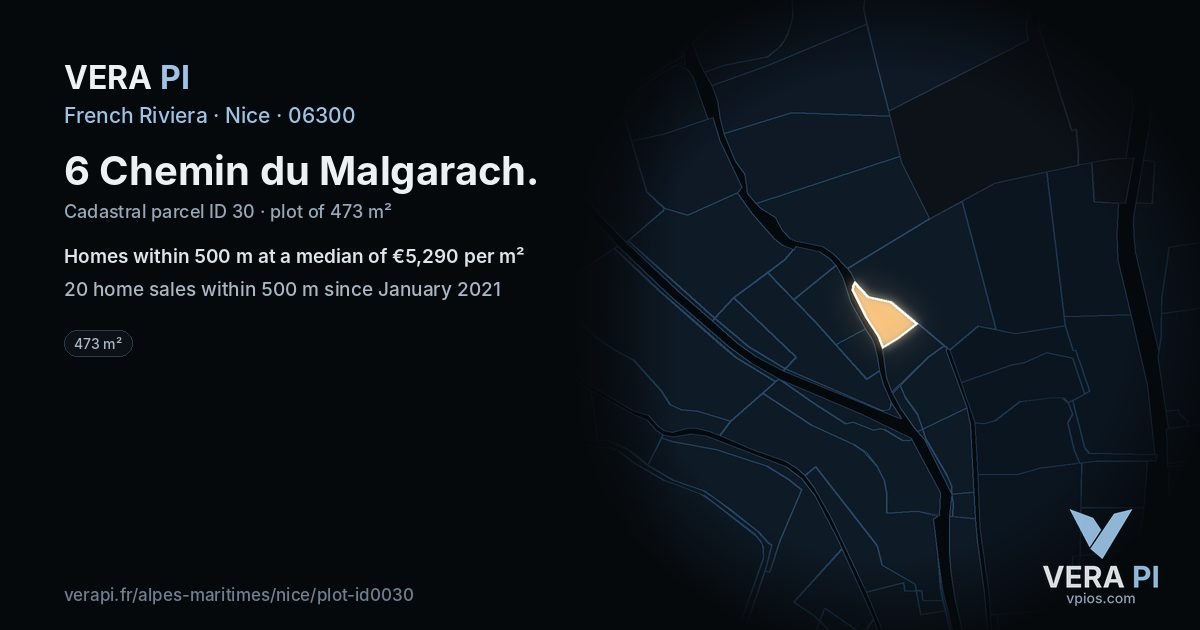 6 Chemin du Malgarach, Nice at night – the plot lit, the parcels around coloured by the prices near them