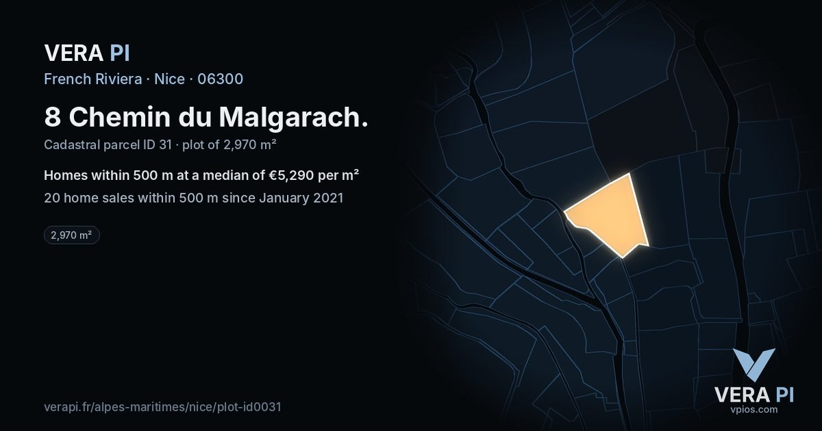 8 Chemin du Malgarach, Nice at night – the plot lit, the parcels around coloured by the prices near them