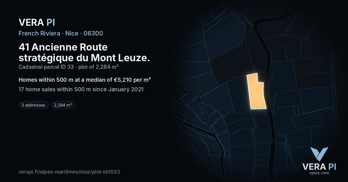 41 Ancienne Route stratégique du Mont Leuze, Nice at night – the plot lit, the parcels around coloured by the prices near them