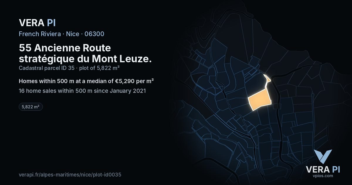 55 Ancienne Route stratégique du Mont Leuze, Nice at night – the plot lit, the parcels around coloured by the prices near them