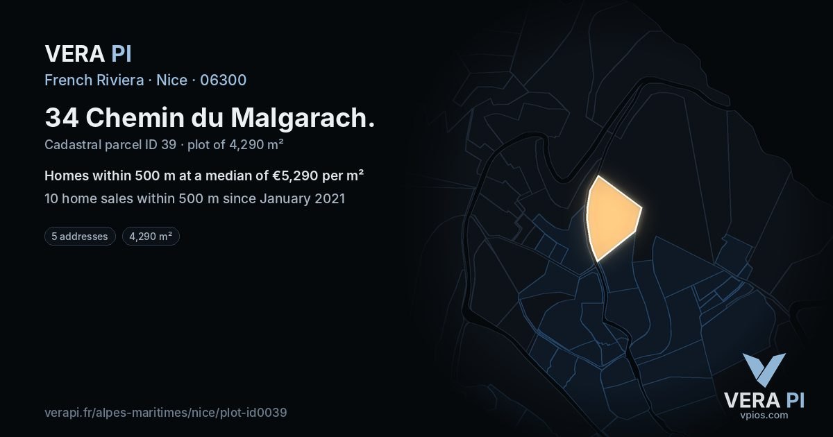 34 Chemin du Malgarach, Nice at night – the plot lit, the parcels around coloured by the prices near them