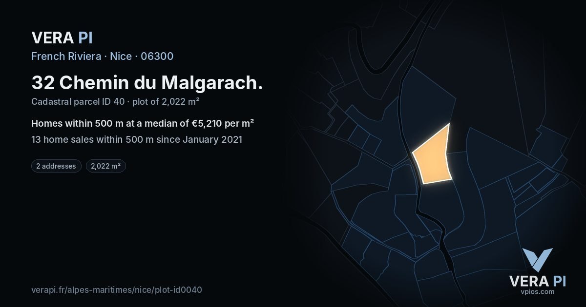 32 Chemin du Malgarach, Nice at night – the plot lit, the parcels around coloured by the prices near them