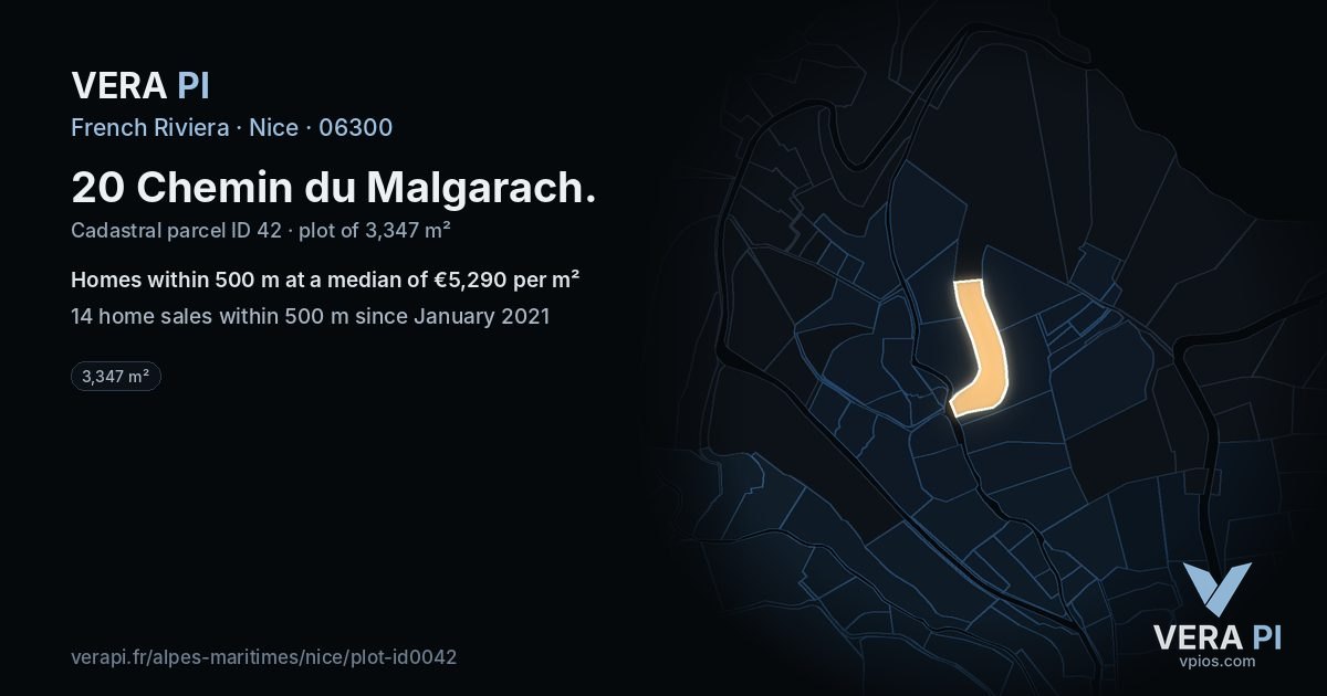 20 Chemin du Malgarach, Nice at night – the plot lit, the parcels around coloured by the prices near them