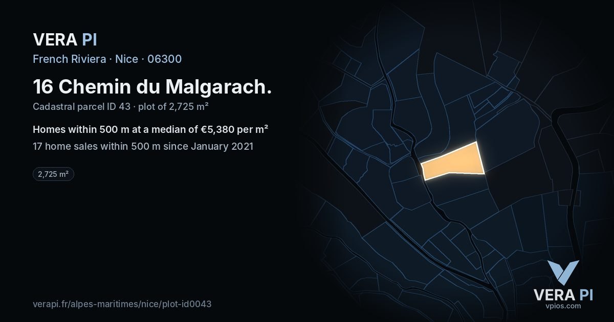 16 Chemin du Malgarach, Nice at night – the plot lit, the parcels around coloured by the prices near them