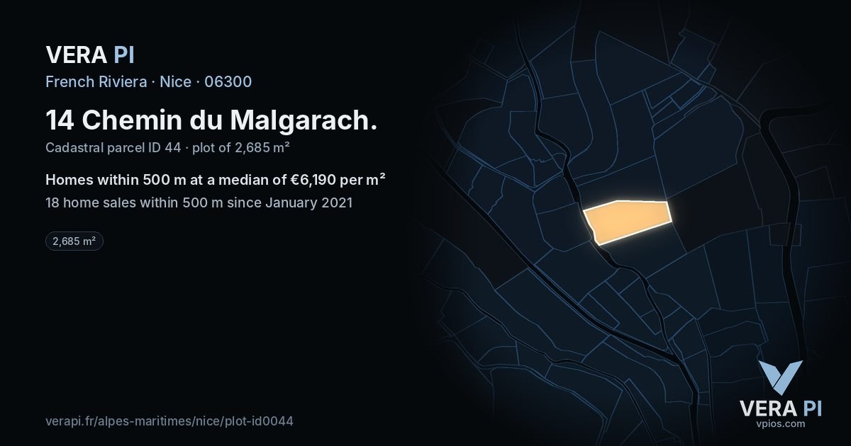 14 Chemin du Malgarach, Nice at night – the plot lit, the parcels around coloured by the prices near them