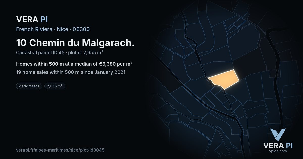 10 Chemin du Malgarach, Nice at night – the plot lit, the parcels around coloured by the prices near them