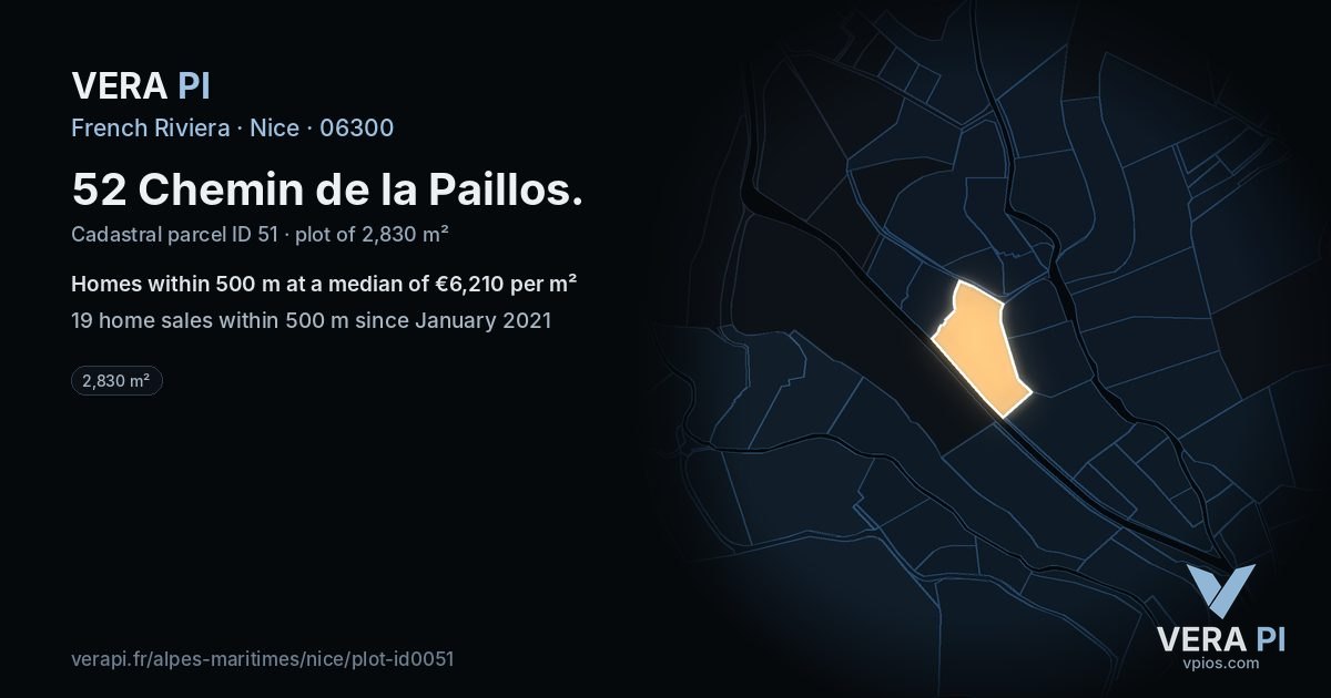 52 Chemin de la Paillos, Nice at night – the plot lit, the parcels around coloured by the prices near them