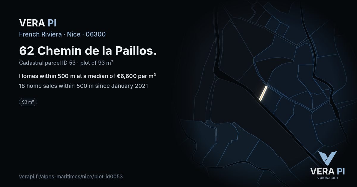 62 Chemin de la Paillos, Nice at night – the plot lit, the parcels around coloured by the prices near them