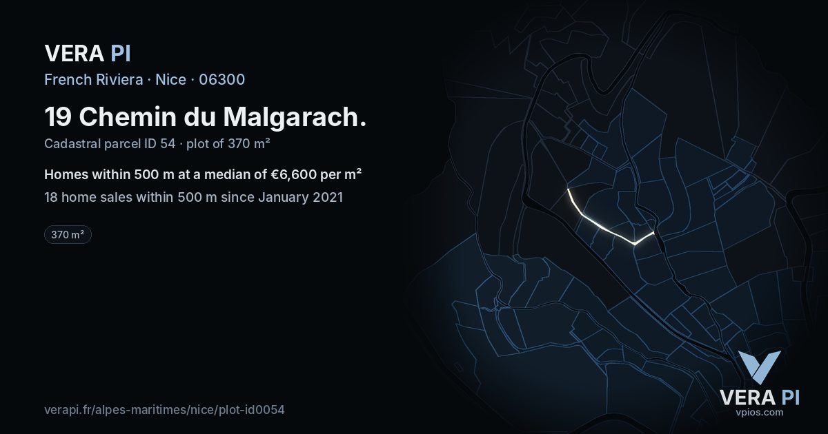 19 Chemin du Malgarach, Nice at night – the plot lit, the parcels around coloured by the prices near them