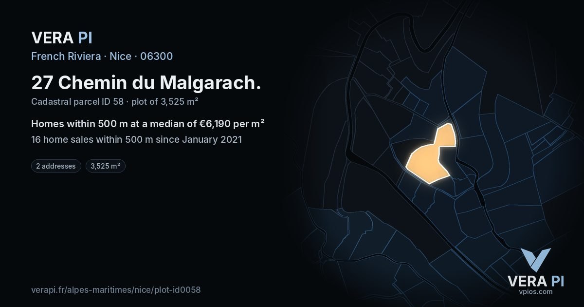 27 Chemin du Malgarach, Nice at night – the plot lit, the parcels around coloured by the prices near them
