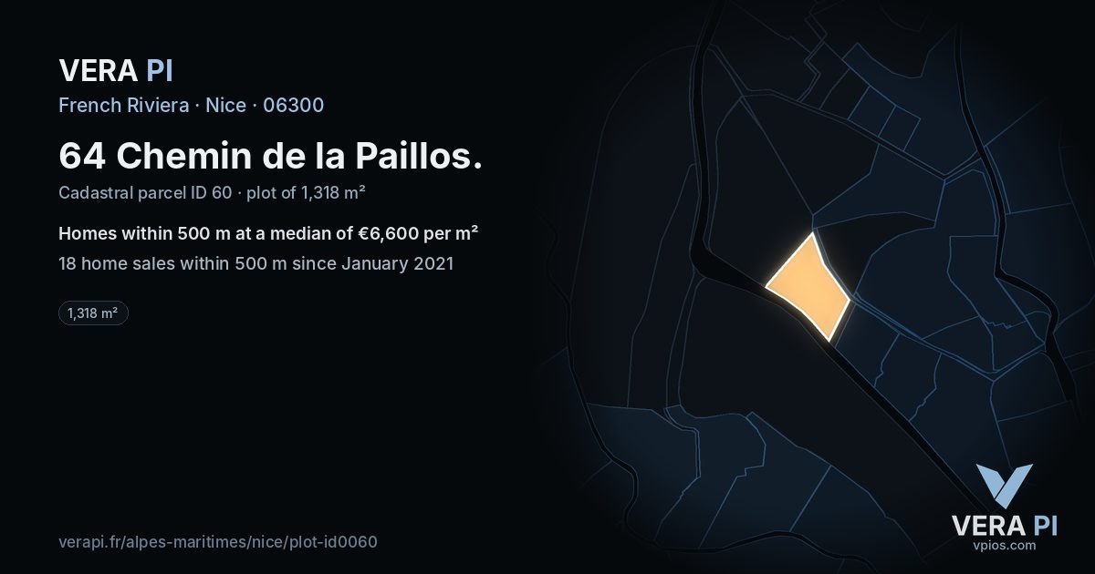 64 Chemin de la Paillos, Nice at night – the plot lit, the parcels around coloured by the prices near them