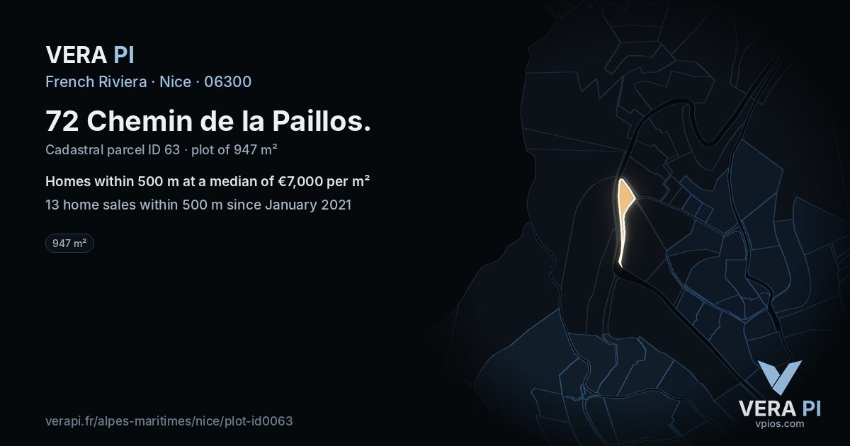 72 Chemin de la Paillos, Nice at night – the plot lit, the parcels around coloured by the prices near them