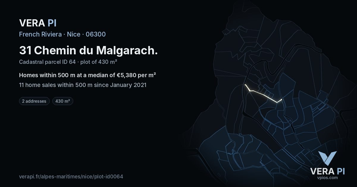 31 Chemin du Malgarach, Nice at night – the plot lit, the parcels around coloured by the prices near them