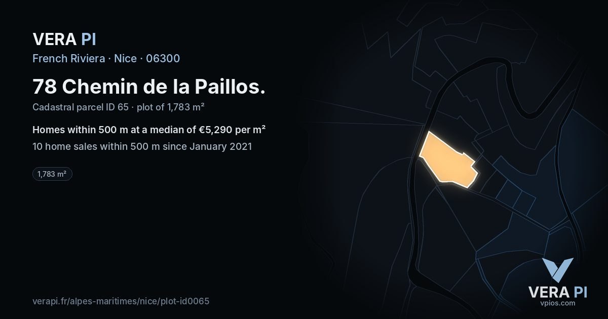 78 Chemin de la Paillos, Nice at night – the plot lit, the parcels around coloured by the prices near them