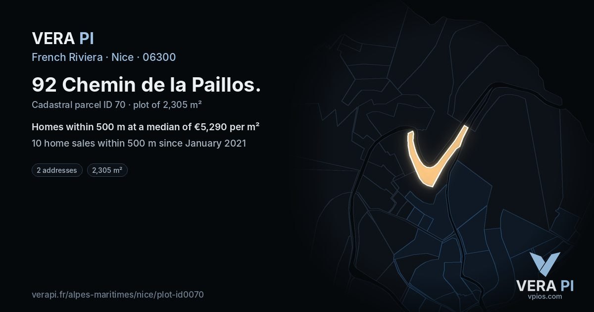 92 Chemin de la Paillos, Nice at night – the plot lit, the parcels around coloured by the prices near them