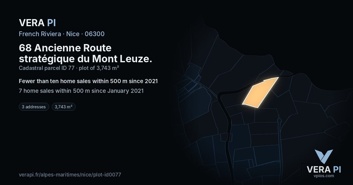 68 Ancienne Route stratégique du Mont Leuze, Nice at night – the plot lit, the parcels around coloured by the prices near them