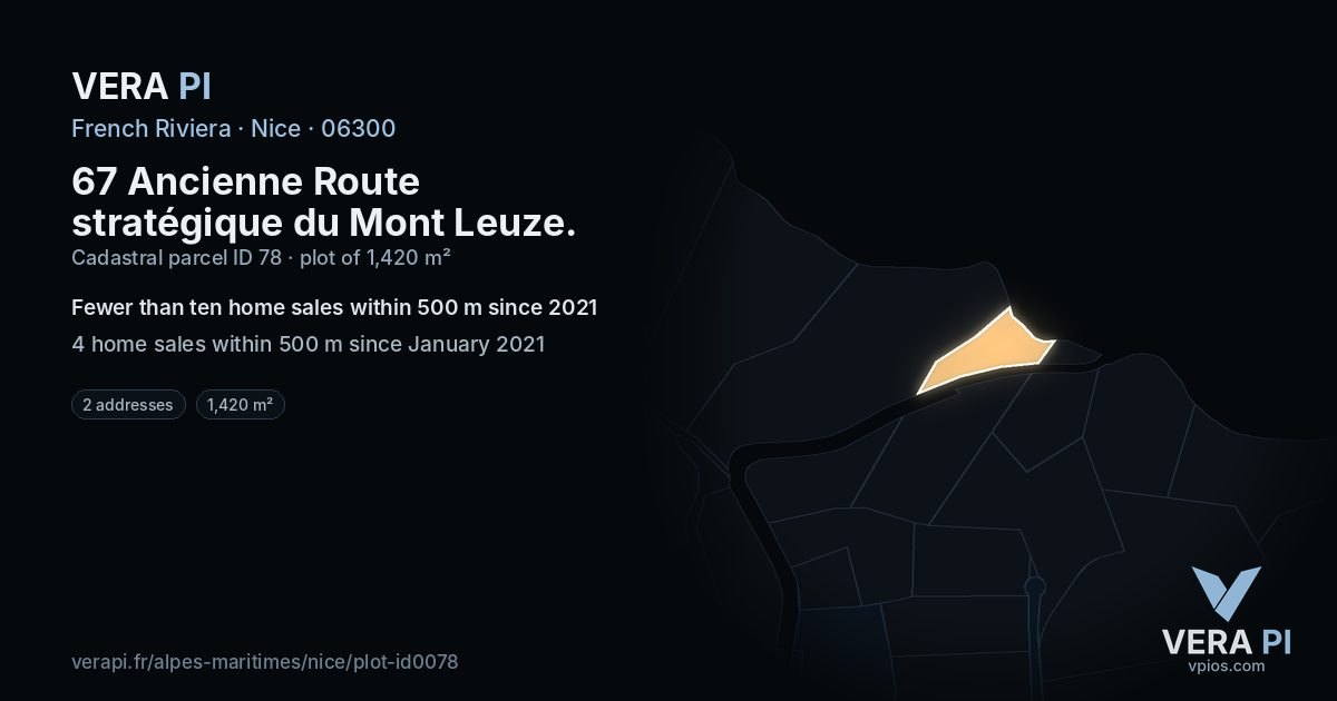 67 Ancienne Route stratégique du Mont Leuze, Nice at night – the plot lit, the parcels around coloured by the prices near them