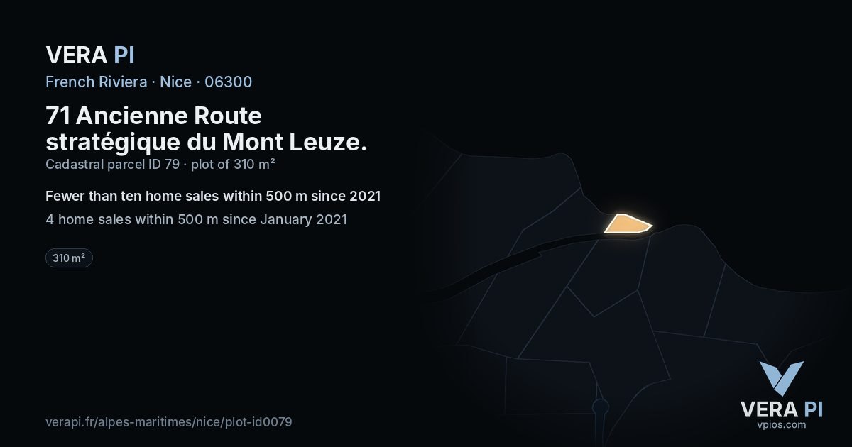 71 Ancienne Route stratégique du Mont Leuze, Nice at night – the plot lit, the parcels around coloured by the prices near them