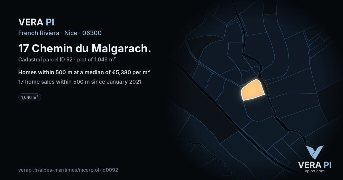 17 Chemin du Malgarach, Nice at night – the plot lit, the parcels around coloured by the prices near them