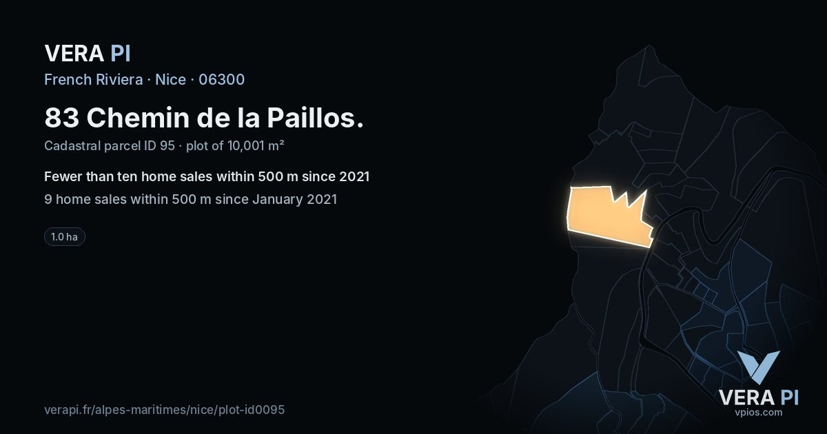 83 Chemin de la Paillos, Nice at night – the plot lit, the parcels around coloured by the prices near them