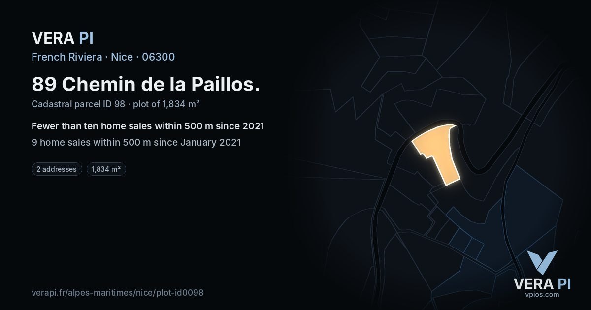 89 Chemin de la Paillos, Nice at night – the plot lit, the parcels around coloured by the prices near them