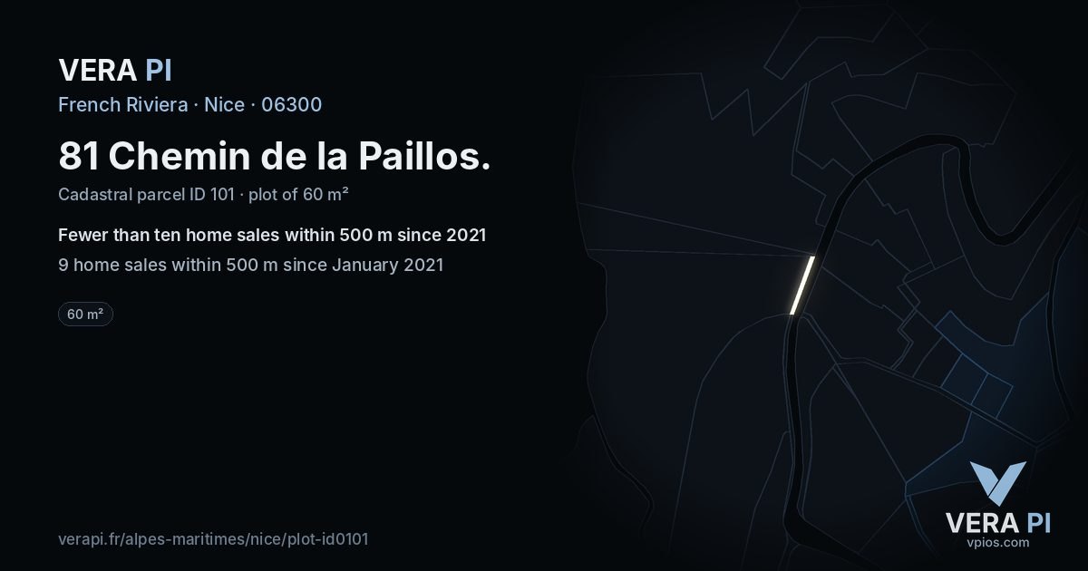 81 Chemin de la Paillos, Nice at night – the plot lit, the parcels around coloured by the prices near them
