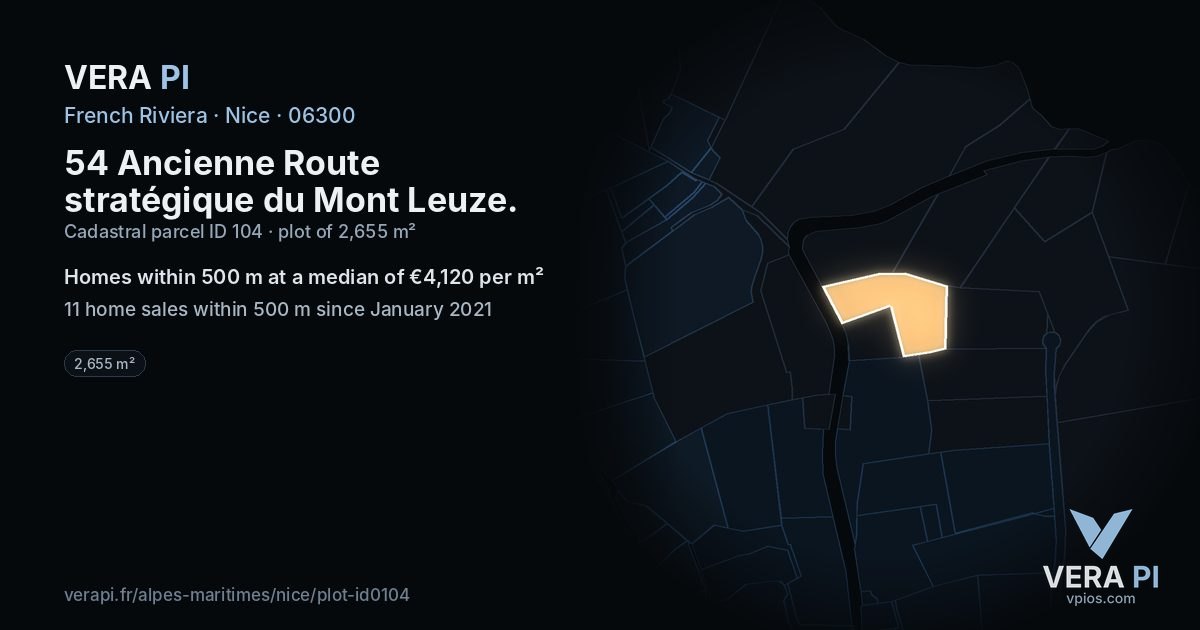 54 Ancienne Route stratégique du Mont Leuze, Nice at night – the plot lit, the parcels around coloured by the prices near them