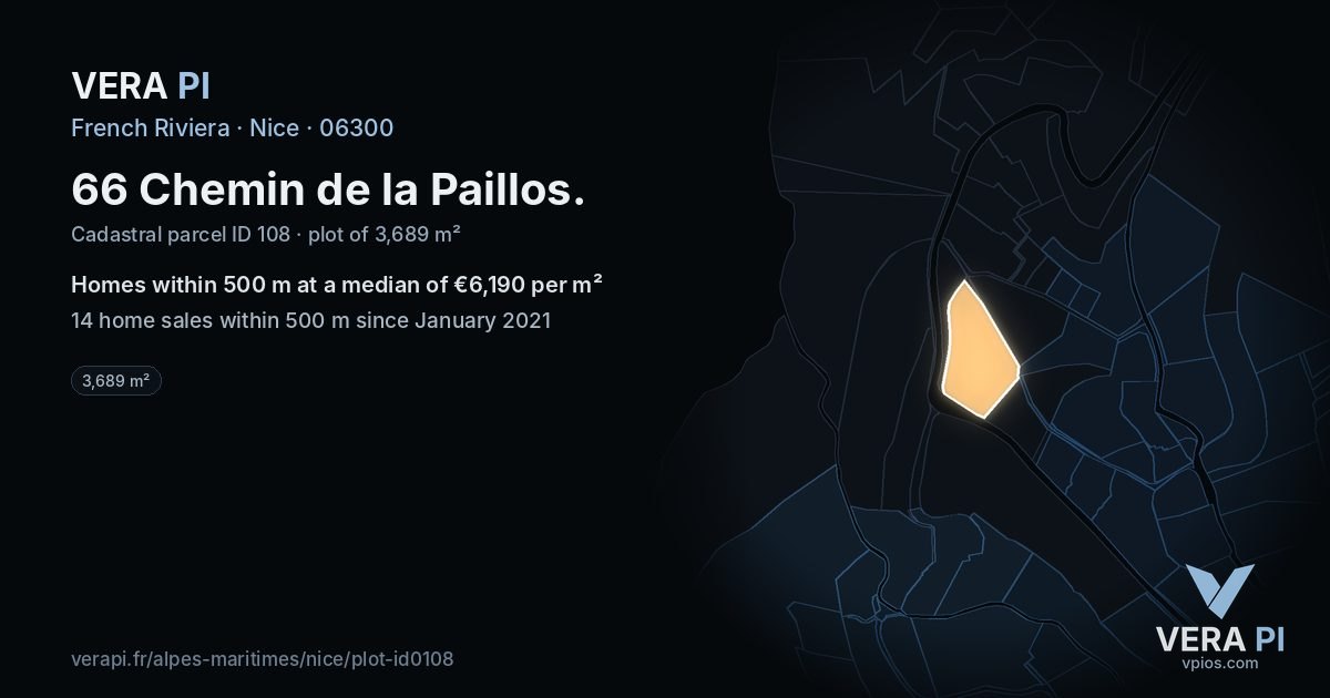 66 Chemin de la Paillos, Nice at night – the plot lit, the parcels around coloured by the prices near them