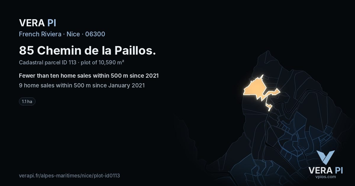 85 Chemin de la Paillos, Nice at night – the plot lit, the parcels around coloured by the prices near them