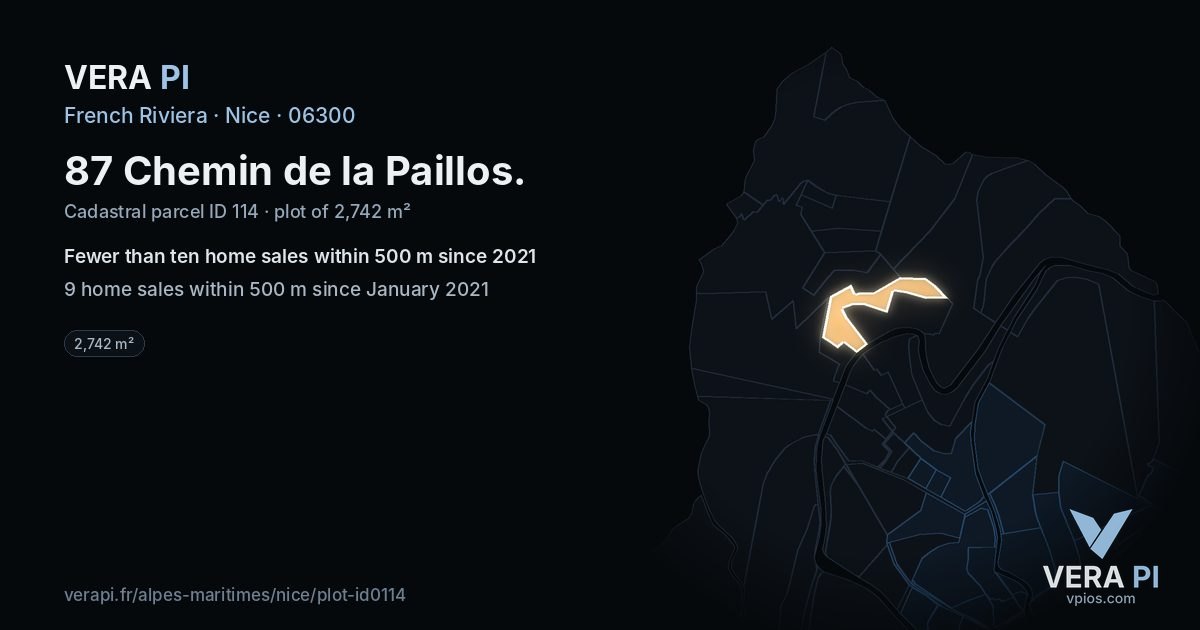 87 Chemin de la Paillos, Nice at night – the plot lit, the parcels around coloured by the prices near them