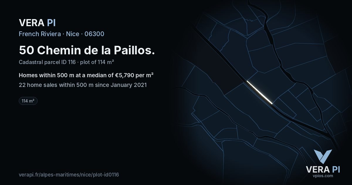 50 Chemin de la Paillos, Nice at night – the plot lit, the parcels around coloured by the prices near them