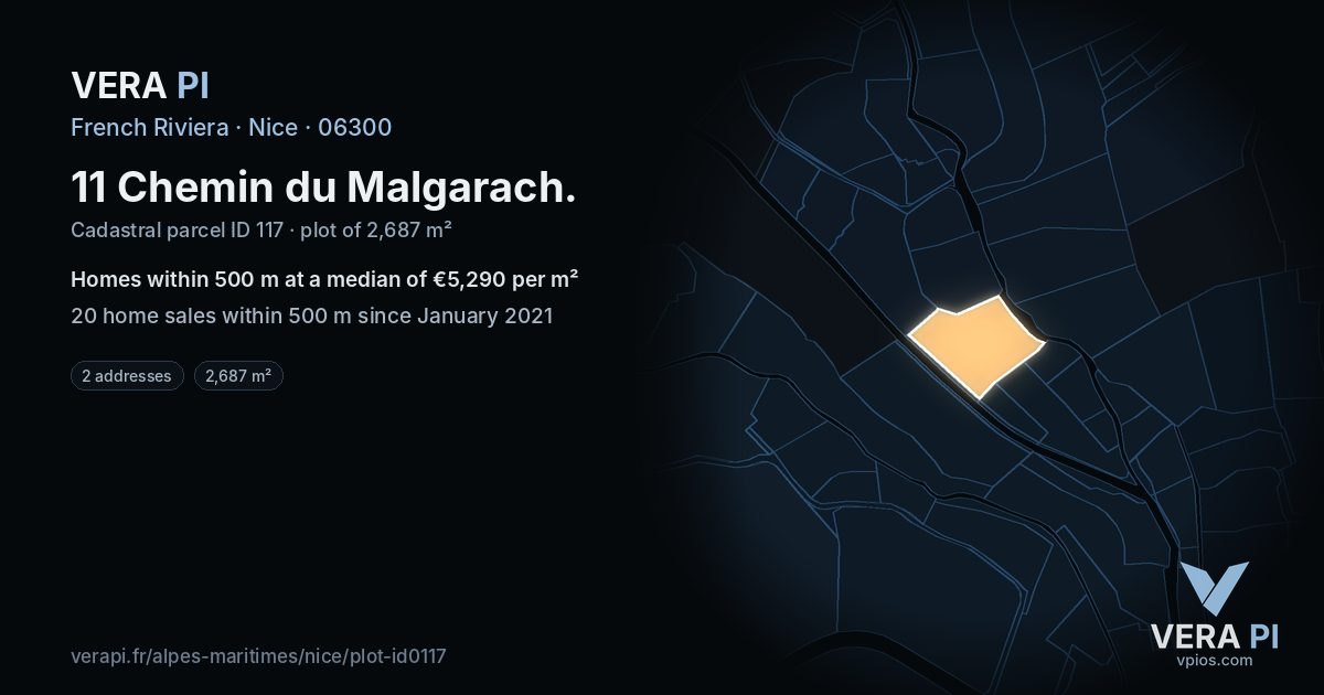 11 Chemin du Malgarach, Nice at night – the plot lit, the parcels around coloured by the prices near them