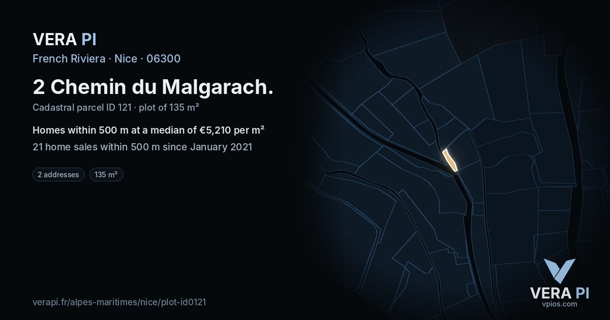 2 Chemin du Malgarach, Nice at night – the plot lit, the parcels around coloured by the prices near them