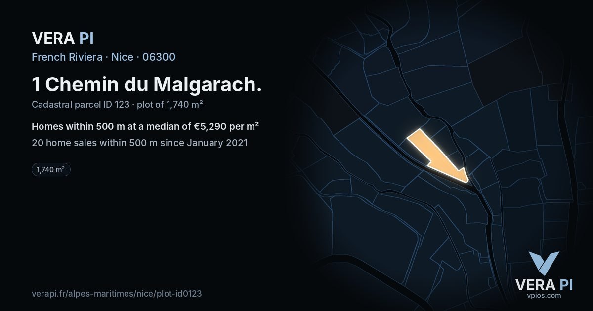 1 Chemin du Malgarach, Nice at night – the plot lit, the parcels around coloured by the prices near them