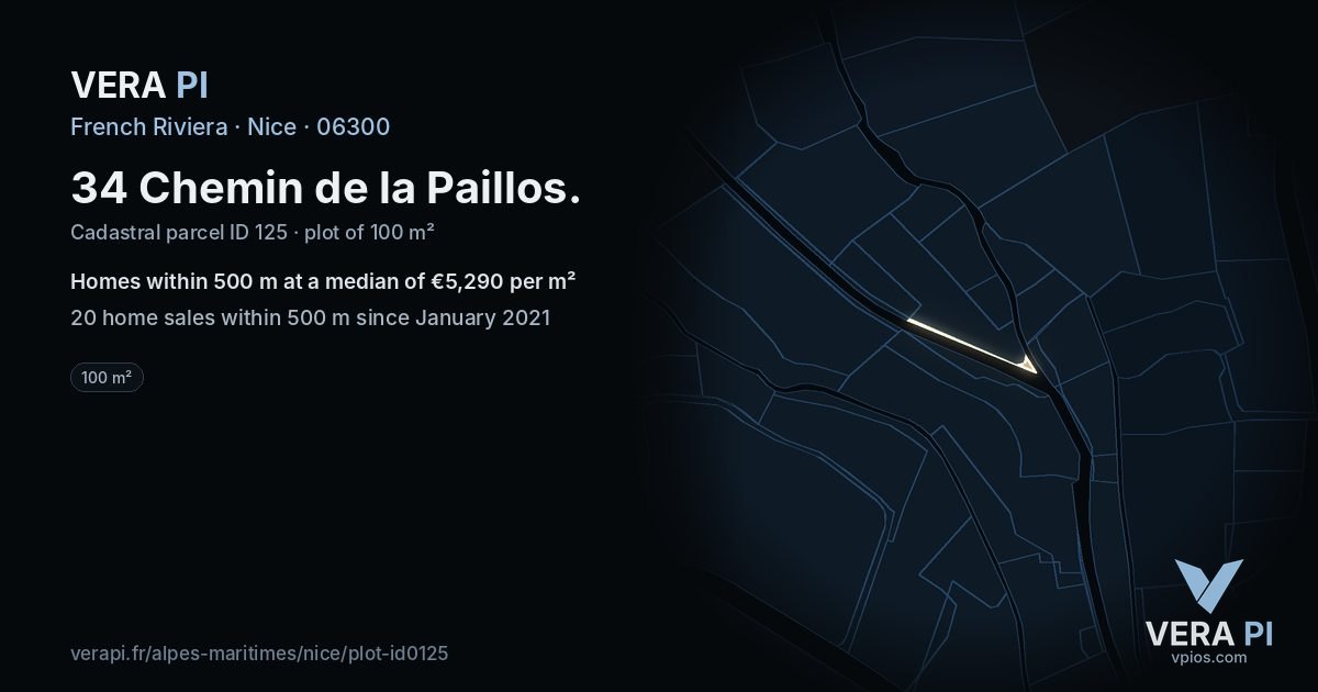 34 Chemin de la Paillos, Nice at night – the plot lit, the parcels around coloured by the prices near them