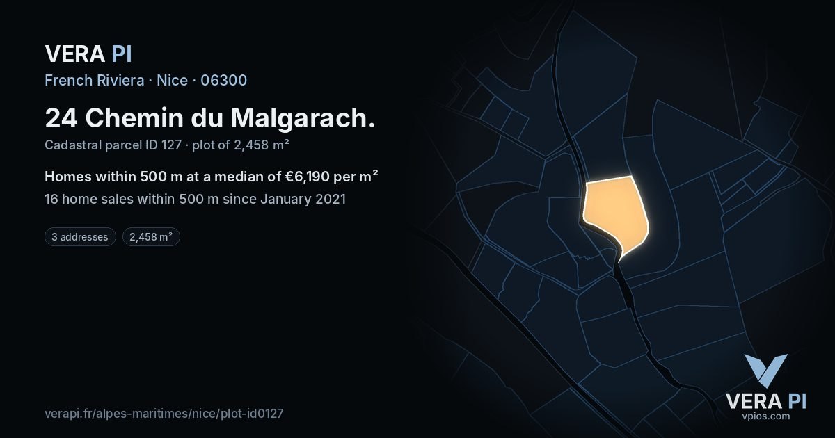 24 Chemin du Malgarach, Nice at night – the plot lit, the parcels around coloured by the prices near them