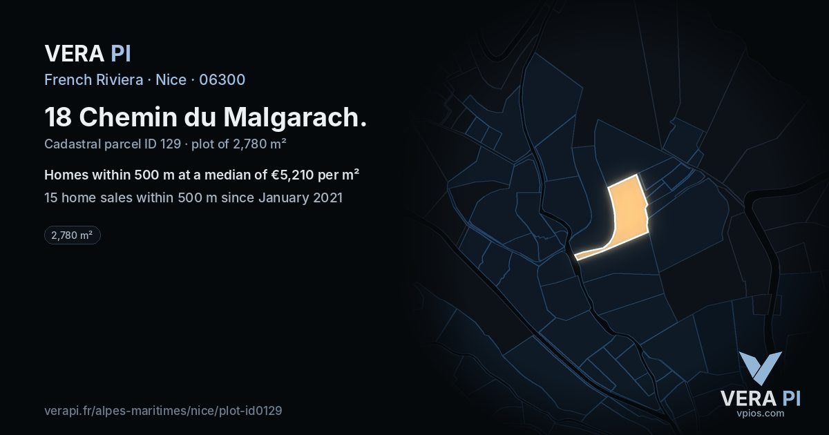 18 Chemin du Malgarach, Nice at night – the plot lit, the parcels around coloured by the prices near them