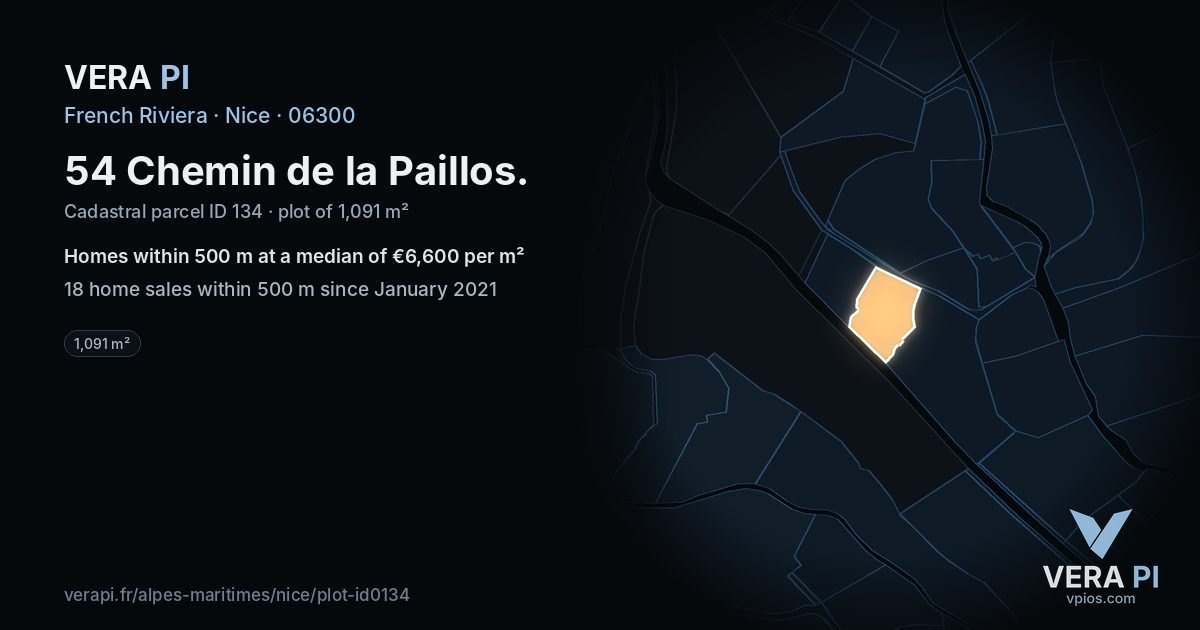 54 Chemin de la Paillos, Nice at night – the plot lit, the parcels around coloured by the prices near them