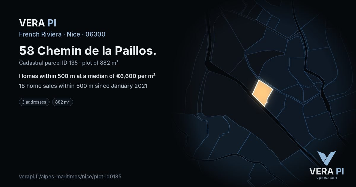 58 Chemin de la Paillos, Nice at night – the plot lit, the parcels around coloured by the prices near them