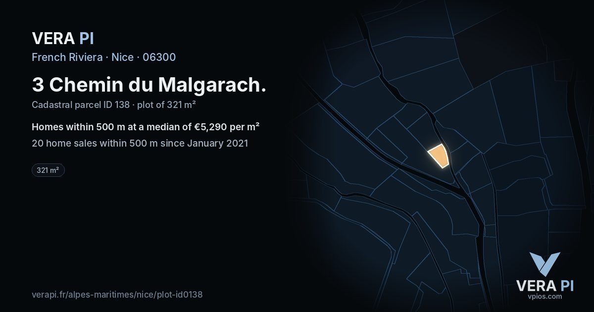 3 Chemin du Malgarach, Nice at night – the plot lit, the parcels around coloured by the prices near them
