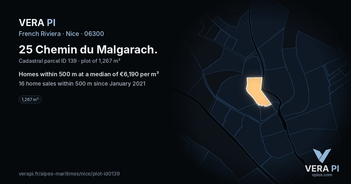 25 Chemin du Malgarach, Nice at night – the plot lit, the parcels around coloured by the prices near them