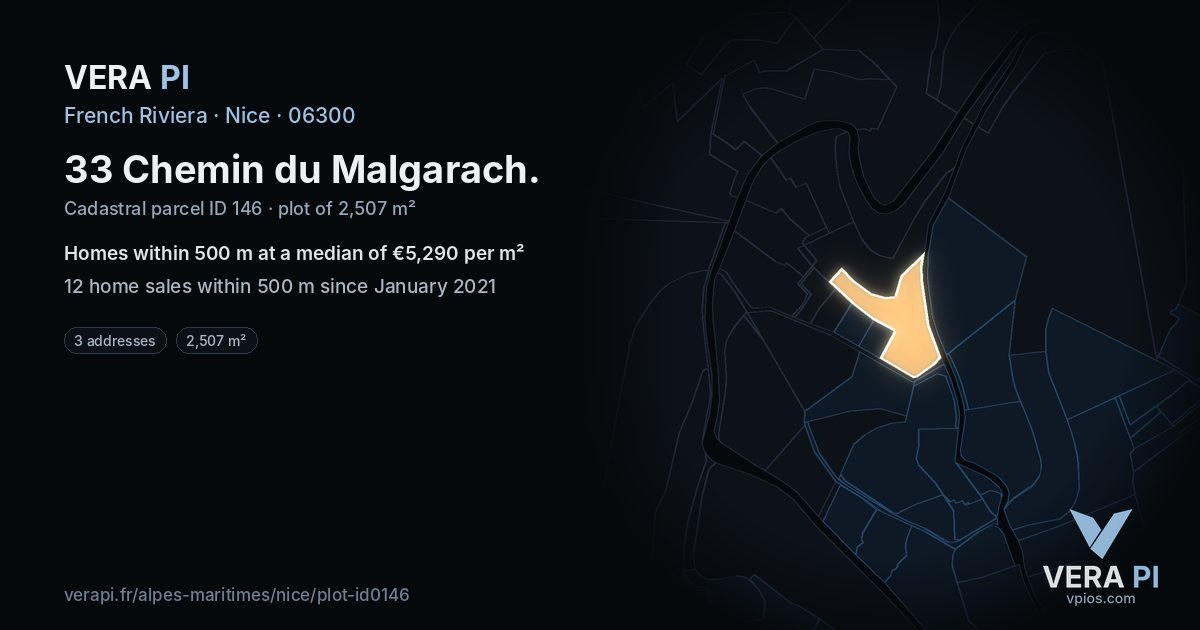 33 Chemin du Malgarach, Nice at night – the plot lit, the parcels around coloured by the prices near them