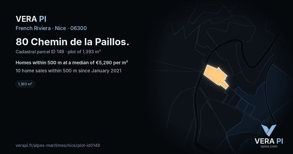 80 Chemin de la Paillos, Nice at night – the plot lit, the parcels around coloured by the prices near them