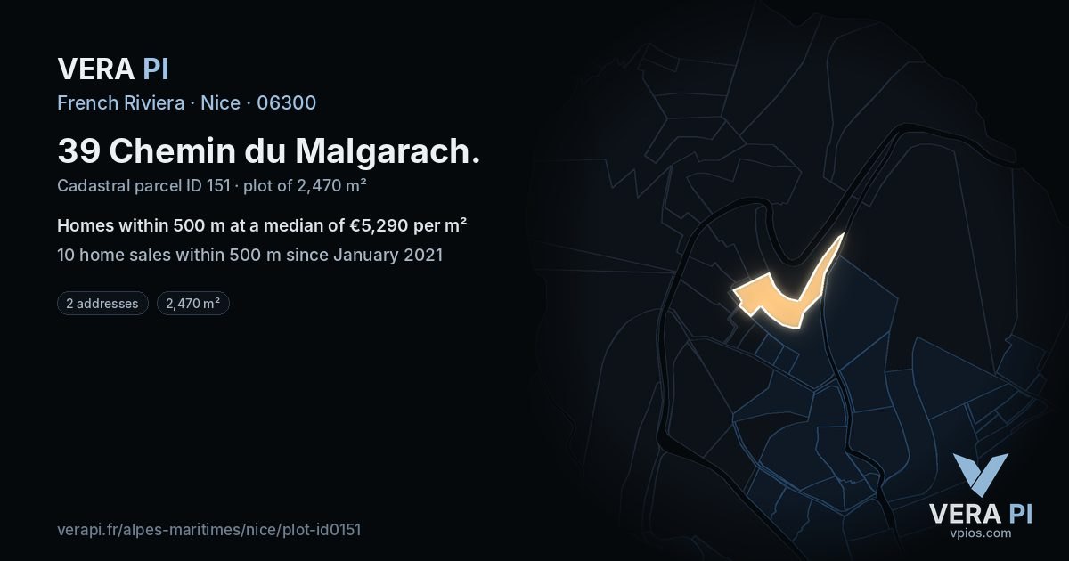 39 Chemin du Malgarach, Nice at night – the plot lit, the parcels around coloured by the prices near them