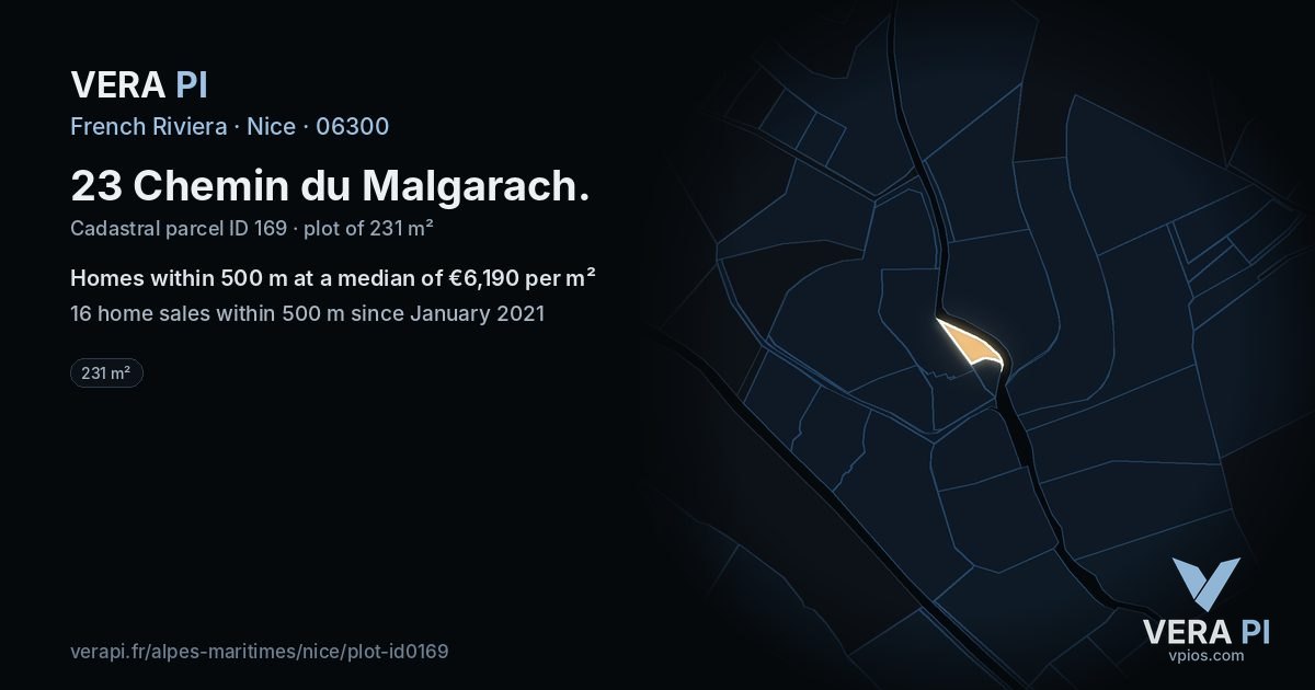 23 Chemin du Malgarach, Nice at night – the plot lit, the parcels around coloured by the prices near them