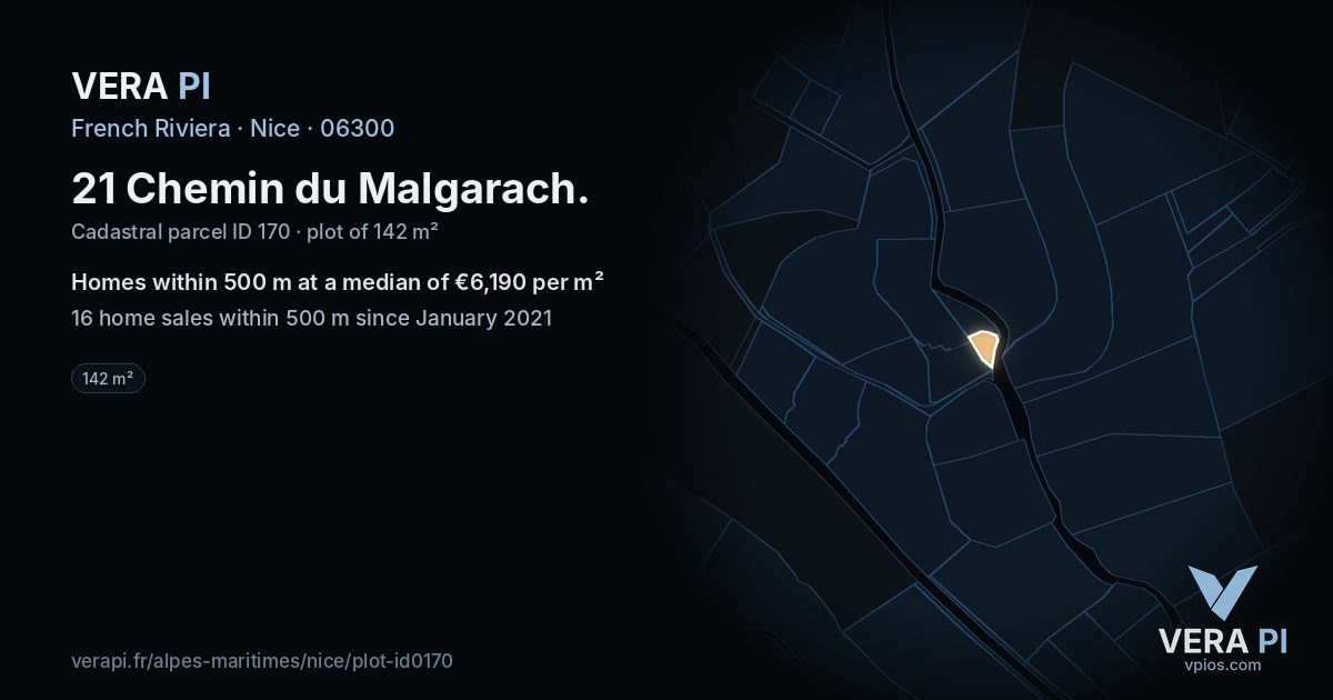 21 Chemin du Malgarach, Nice at night – the plot lit, the parcels around coloured by the prices near them