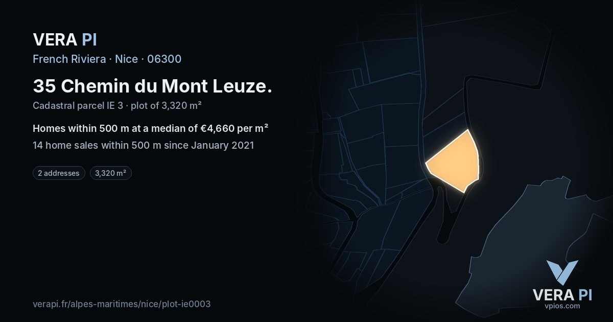 35 Chemin du Mont Leuze, Nice at night – the plot lit, the parcels around coloured by the prices near them