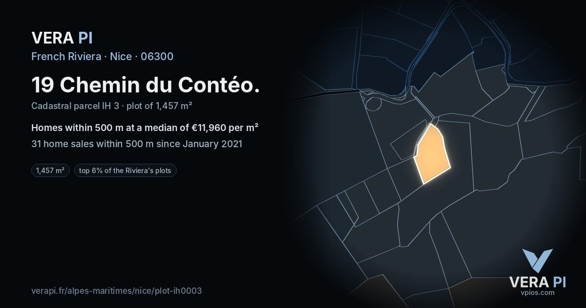 19 Chemin du Contéo, Nice at night – the plot lit, the parcels around coloured by the prices near them