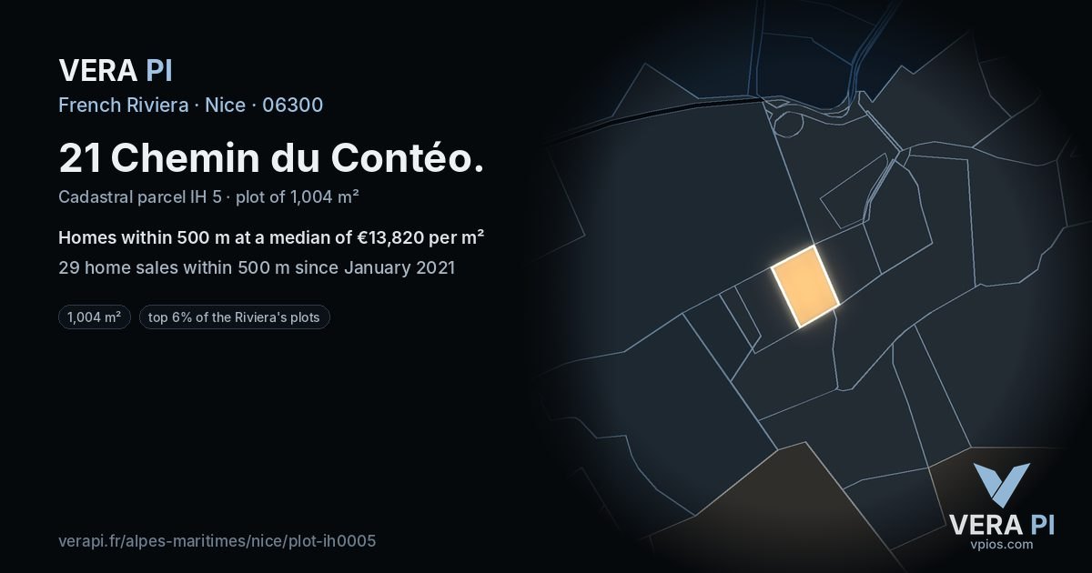 21 Chemin du Contéo, Nice at night – the plot lit, the parcels around coloured by the prices near them