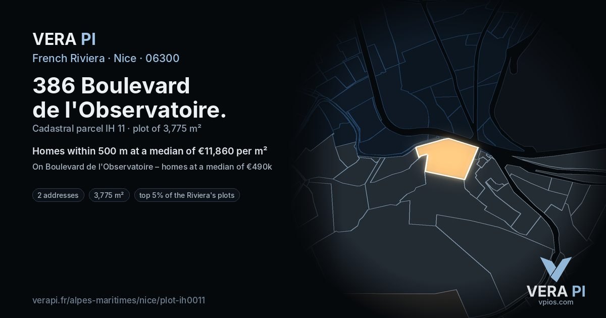 386 Boulevard de l'Observatoire, Nice at night – the plot lit, the parcels around coloured by the prices near them